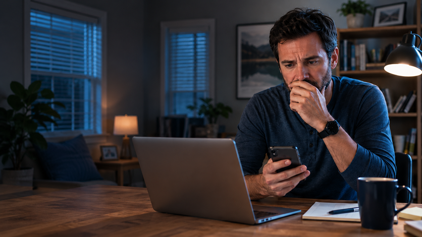 A worried man sitting at a desk at night holding a smartphone in front of a open laptop, looking anxious and resting his hand over his mouth.