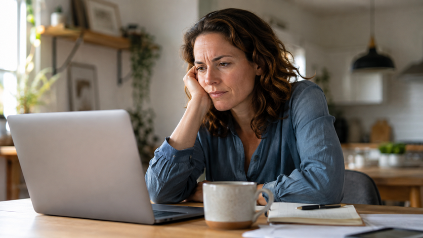 Frustrated woman staring at a open laptop screen at her kitchen table, struggling to initiate a task due to ADHD and executive dysfunction.