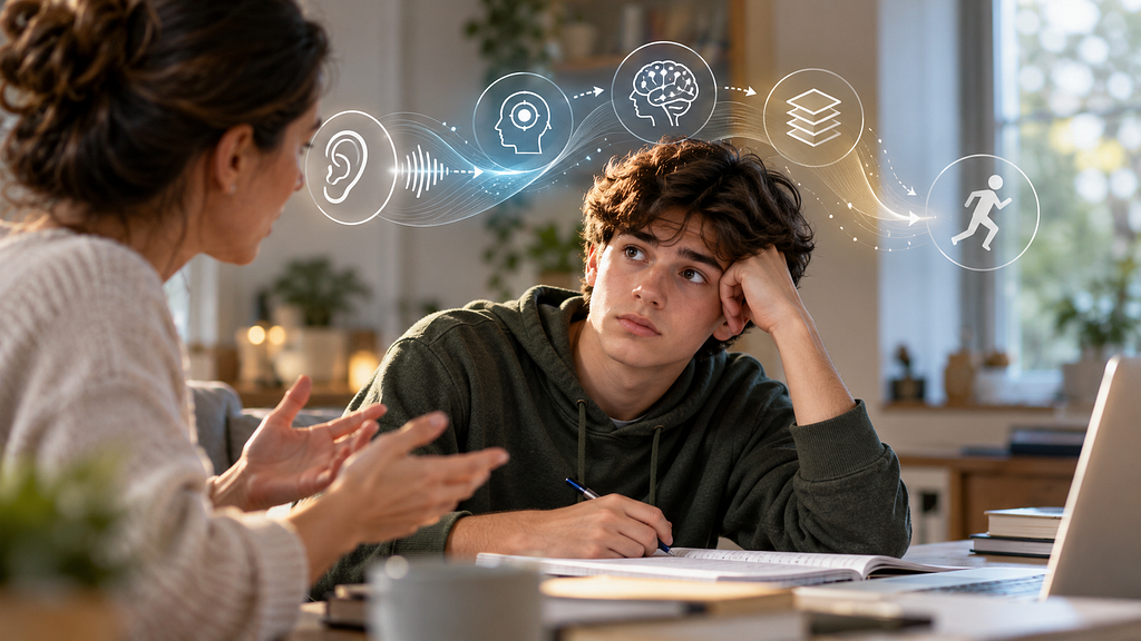 A teenage boy listening to a woman talking, with a floating graphic illustrating the cognitive processing steps from hearing an sound to taking action.