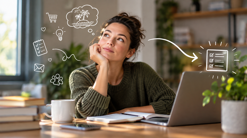 A woman sitting at a cozy desk with a laptop, leaning her chin on her hand as her mind wanders to a tropical beach daydream surrounded by distraction icons like email and shopping, while a sketched arrow guides her attention back to a task checklist.